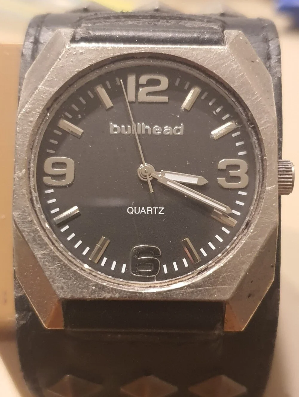 10/$20 Bullhead Silver/Black Leather Wideband Men's Watch